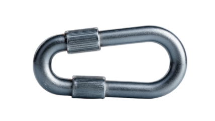 Close-up of a metallic carabiner-style connector.  The dark gray/silver piece has a curved, oval shape with a knurled section on each end