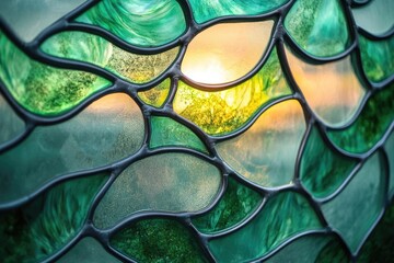 Close-up of a stained glass window depicting a sunset through organic green shapes.