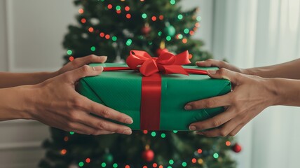 Two pairs of hands exchanging a beautifully wrapped green christmas gift tied with a red ribbon in front of a decorated tree