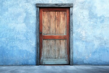 Weathered wooden door set in a pale blue stucco wall, suggesting age and quiet solitude.
