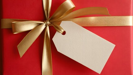 Close up of a bright red gift box tied with a shiny gold ribbon and a blank gift tag for personalization