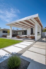 Modern patio with pergola, sunny day