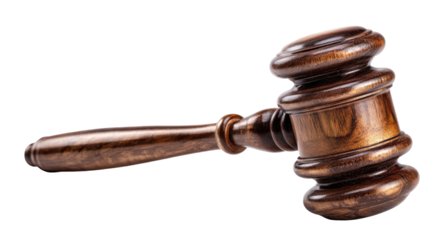 Close-up of a wooden gavel.  Dark, polished wood head with curved sides and a slightly flared base.  A long, smooth wooden handle extends from the head.  Isolated on black background