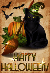 Happy Halloween vip card, black cat in a witchs hat, vector illustration