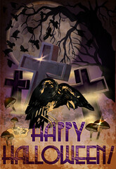 Happy Halloween vip card, witch moon and flock of crows,  vector illustration