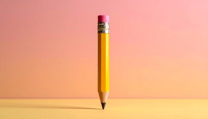 Single yellow pencil standing upright on sharpened tip against light orange background