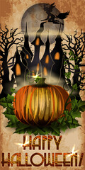 Happy Halloween greeting card,  witchs castle, vector illustration