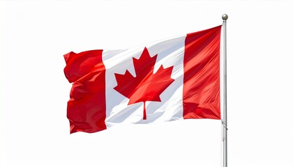 Canadian national flag with red maple leaf on white field, flying on flagpole against plain white background