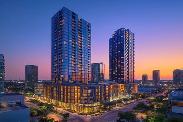 Obraz premium Two modern high-rise residential buildings at sunset, illuminated, surrounded by city lights.