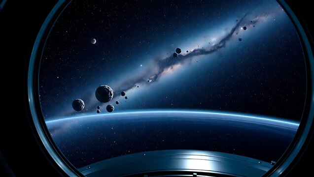 View of earth and a nebula from a spaceship window with asteroids and a distant moon visible