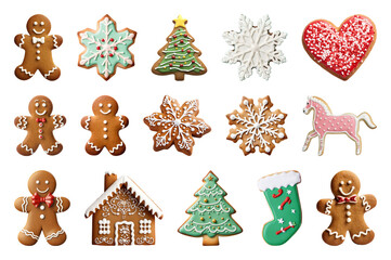 Fototapeta premium PNG Festive decorated gingerbread cookies, element set on transparent background