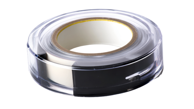 Rolled adhesive tape in clear plastic casing