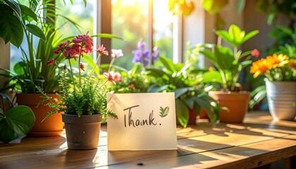 A variety of potted plants in a sunlit window display, with a thank you note positioned prominently on a wooden surface.