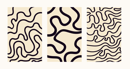 Set of abstract pattern with thin wavy black lines. Vector illustrations with monochrome, groovy print on a creamy beige backdrop