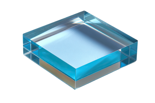Transparent square block, likely glass, with inner layers.  Clear,  cuboid shape,  partially filled with light-blue liquid or gel.  Small,  transparent,  square-gridded supports