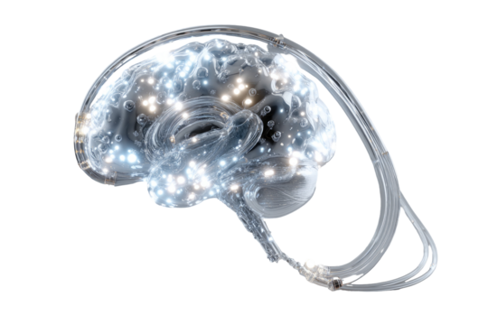 3D render of a translucent brain, illuminated with glowing points, suggesting neural pathways