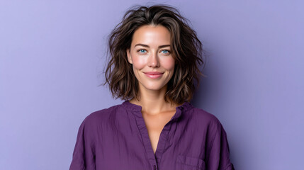 Fototapeta premium Smiling young woman with wavy short hair wearing casual purple blouse standing against lavender background, symbolizing confidence, fashion, lifestyle, natural beauty, and modern elegance