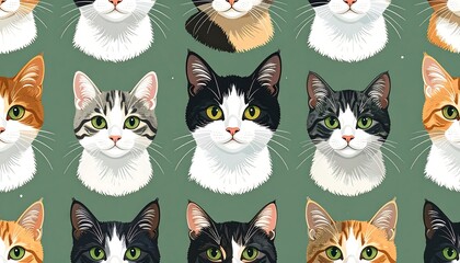 A cheerful, repeating pattern showcases various cat faces against a muted sage green background.