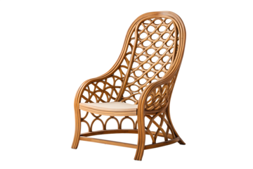 Elegant handcrafted rattan armchair with a high curved backrest. Natural woven wicker lounge chair furniture design isolated on a clean white background for home decor