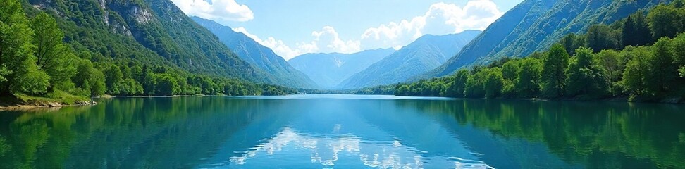 Obraz premium Serene mountain lake reflecting clear blue sky, surrounded by lush green trees and tranquil waters Perfect for nature, travel, and environmental themes , water, beautiful, foliage