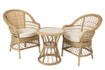 Elegant wicker furniture set with two rattan armchairs and a glass-top table. Comfortable patio conversation set isolated on a white background