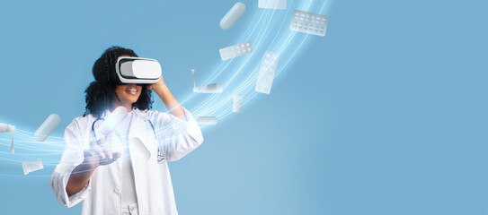 A healthcare professional wearing virtual reality goggles interacts with a digital display of medication and pills, symbolizing advancements in medical technology and education.
