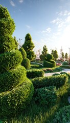 Fototapeta premium Lush green topiary forms a vibrant, well-maintained landscape design under a clear, sunny sky.