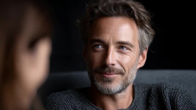 Mature man smiles listening sincerely communicating