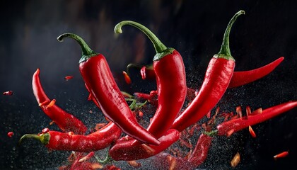 red chili peppers in mid air vibrant and dynamic