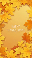 Orange and yellow maple leaves frame a beige background with "Happy Thanksgiving" text, creating a fall-themed design ideal for greeting cards or autumnal promotions