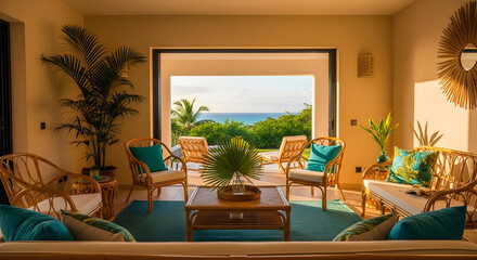 Fototapeta premium Luxurious beachfront villa interior design with ocean view and cozy furniture arrangement