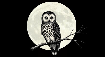 Nocturnal owl perched on branch silhouette against full moon black background illustration