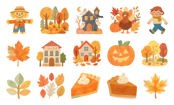 PNG Charming autumn-themed cartoon illustrations, element set on transparent background