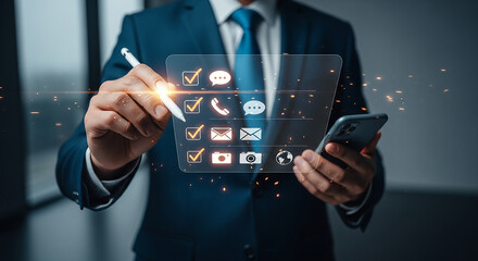 Streamlining future success as a driven professional navigates a virtual task list for peak efficiency with digital pen
