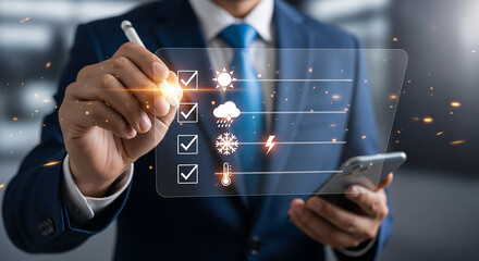 A businessman planning for varied weather conditions using a futuristic interface with a stylus against a blurred