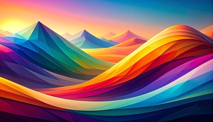 A vibrant landscape of colorful mountains, depicted with dynamic, flowing lines and geometric shapes, showcasing a spectrum of rainbow hues against a sunrise sky.
