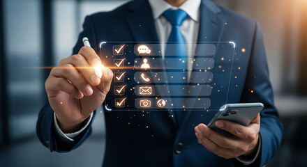 Streamlining task management a businessman checks off virtual boxes on his phone in a modern office with sleek design