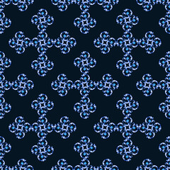 A dark blue seamless pattern with intricate light blue and glowing silver-white ornamental grid and floral shapes, hand drawn composition for textile and background