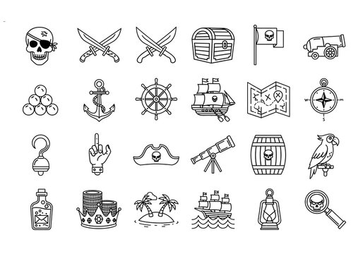 Pirates icons set featuring treasure chest, pirate ship, skull and crossbones, pirate hat, parrot, map, cannon, sword, anchor, and steering wheel, flat vector illustrations for adventure and nautical 