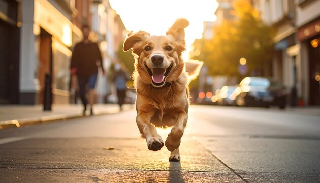 Golden Retriever running in city street at sunset - Powered by Adobe