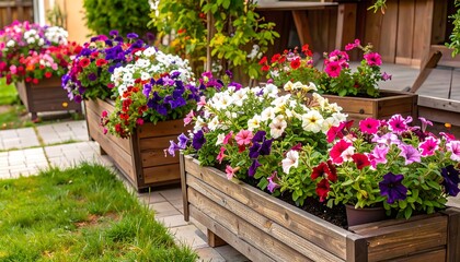 Colorful flower boxes in a garden