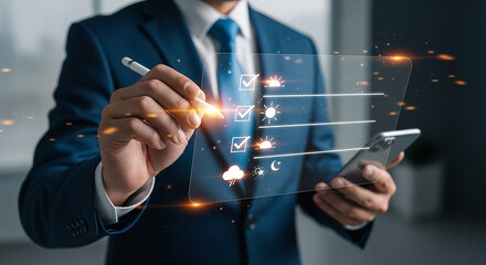 A businessman meticulously planning his day with a futuristic interface choosing optimal conditions with digital glow