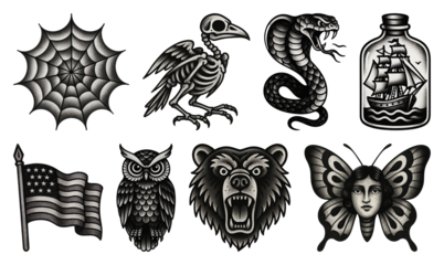 PNG Vintage tattoo flash art collection, element set on transparent background