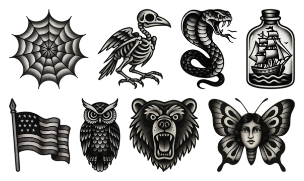 PNG Vintage tattoo flash art collection, element set on transparent background - Powered by Adobe