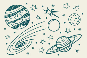 Whimsical hand drawn teal planets stars and cosmic elements on cream background space nebula