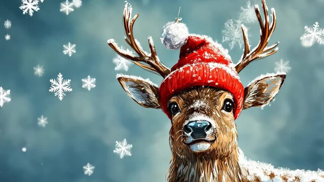 Christmas-themed reindeer wearing a red hat, snowy background, festive and cheerful, cartoon style, highly detailed