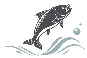 Fototapeta premium Dark gray stylized fish leaping from blue waves with bubbles jumping water