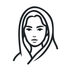 A striking portrait showcases a woman with long, flowing hair. Vector outline illustration
