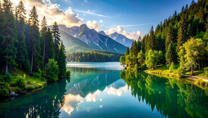 A serene alpine lake reflects a vibrant mountain landscape, bathed in the golden light of sunrise.