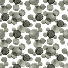 Seamless pattern watercolor geometric oxide black circle dot white background. Hand drawn round shape geometrical illustration. For wallpaper, texture, design, textile, wrapping paper.